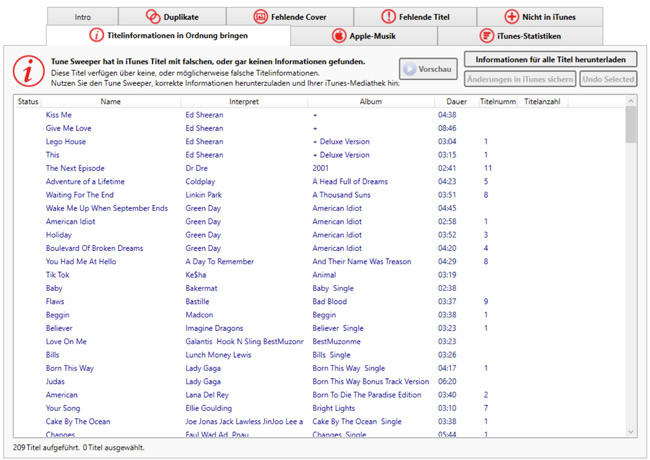 Tune Sweeper listet alle Titel aus Ihrer iTunes-Mediathek auf, die fehlende oder falsche Informationen haben