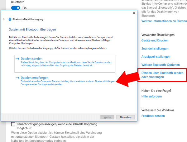 Dateien über Bluetooth senden oder empfangen