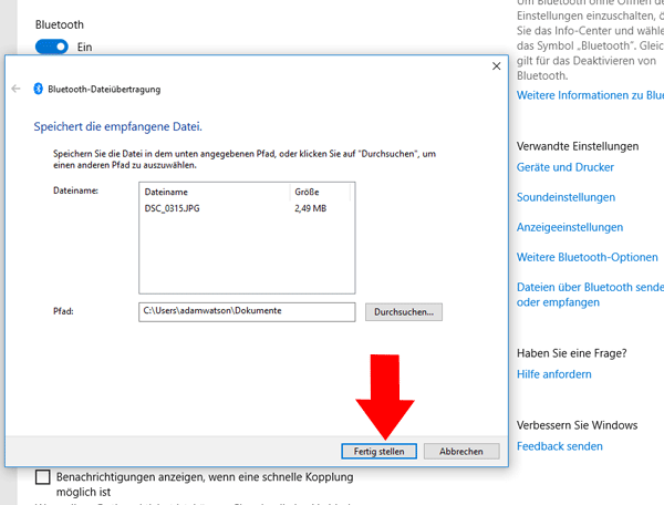 Über Bluetooth teilen und auf dem PC speichern