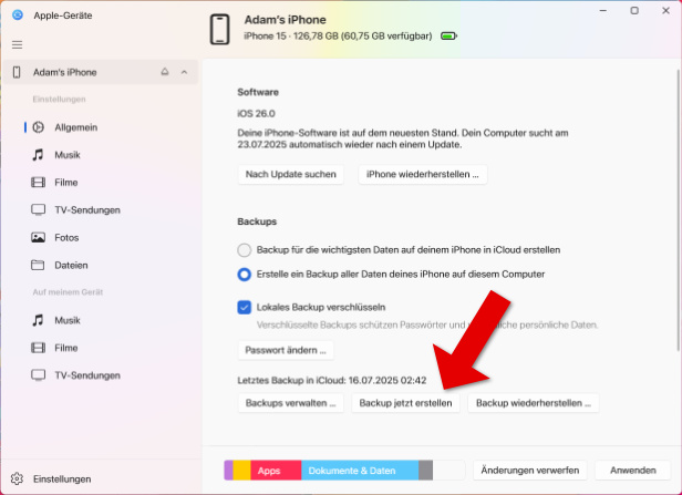 Sichern eines iPhone mit der Apple-Geräte-App