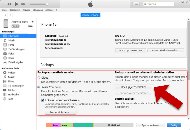 Backup iPhone messages with iTunes