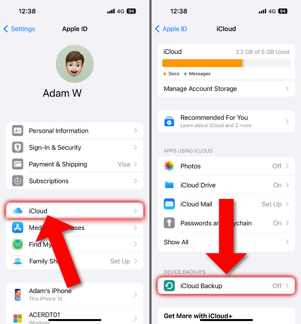 iCloud-Backup-Optionen in den iPhone-Einstellungen