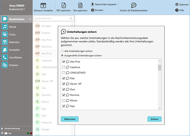 Sichern Sie Textnachrichten von Android