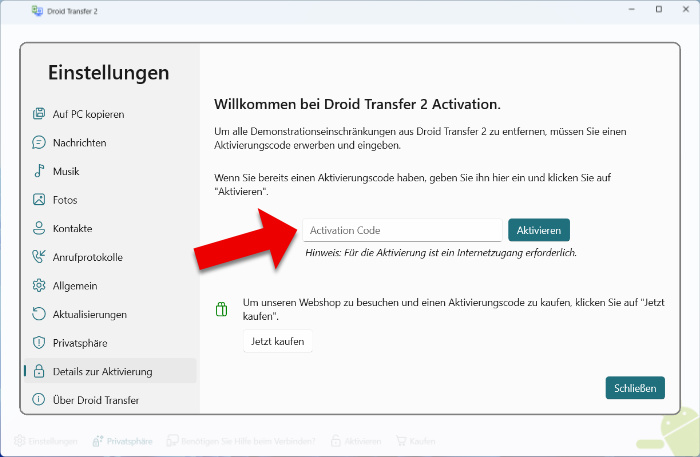 Geben Sie Ihren Aktivierungscode ein, um Droid Transfer zu aktivieren