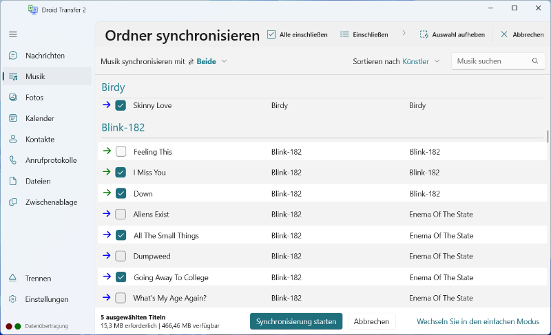 Droid Transfer Erweiterte Musiksynchronisierung