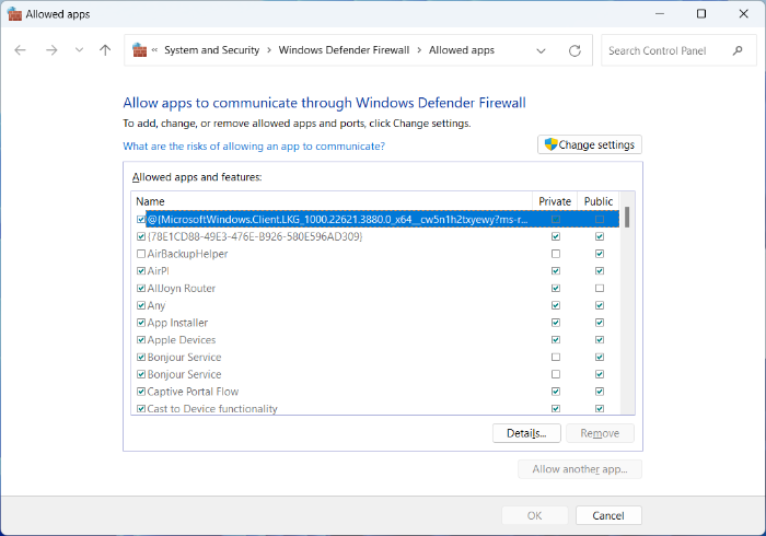 Anzeigen der Anwendungen, die durch die Windows-Firewall zugelassen sind