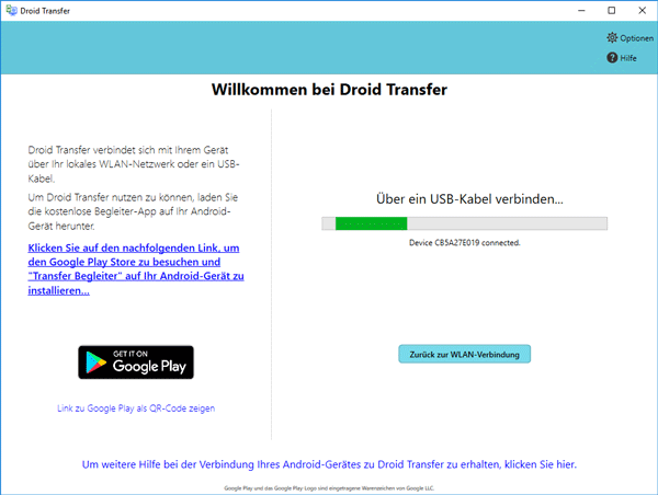 Verbinden Sie Droid Transfer und Transfer Companion mit USB