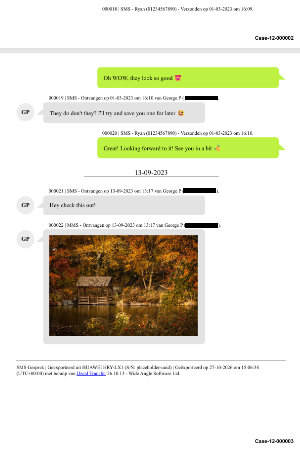 Beispiel eines mit Droid Transfer erstellten Ausdrucks von Android-Nachrichten mit forensischen Details