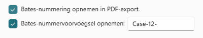 Screenshot der Optionen für Bates-Nummerierung und Präfix