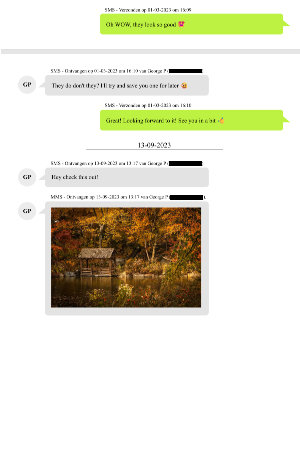 Beispiel eines mit Droid Transfer erstellten Ausdrucks von Android-Nachrichten ohne forensische Details