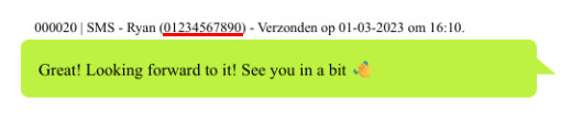 Screenshot mit einem Beispiel für Namen und Telefonnummer über gesendeten Nachrichten