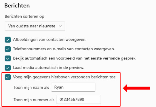 Screenshot der Einstellungen zum Einfügen von Namen und Telefonnummer über gesendeten Nachrichten