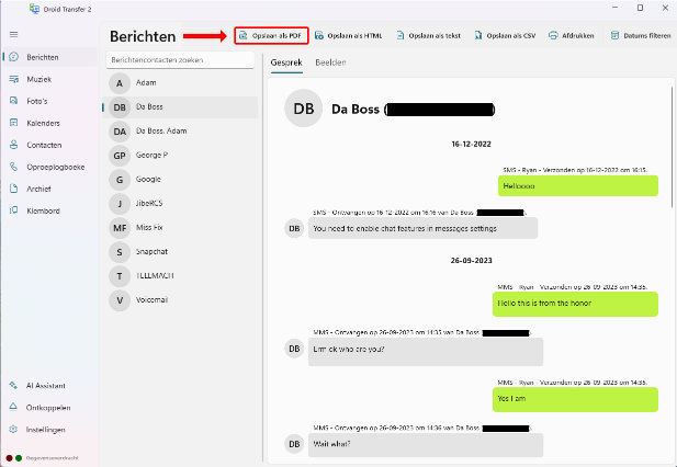 Screenshot mit hervorgehobener Schaltfläche „Als PDF speichern“ in Droid Transfer
