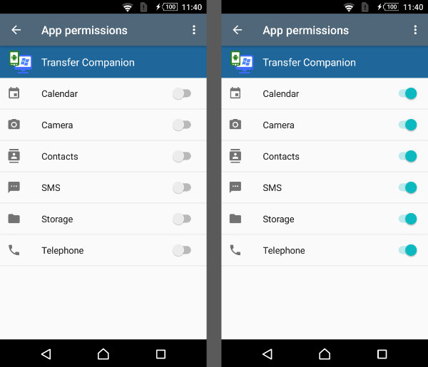 So legen Sie App-Berechtigungen für Transfer Companion fest