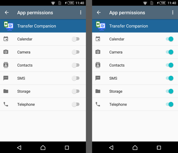 So legen Sie App-Berechtigungen für Transfer Companion fest