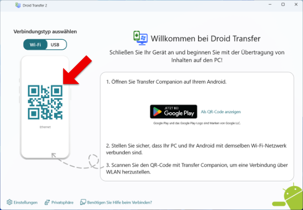 Droid Transfer-Verbindungsbildschirm