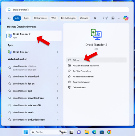 Starten des Programms Droid Transfer unter Windows