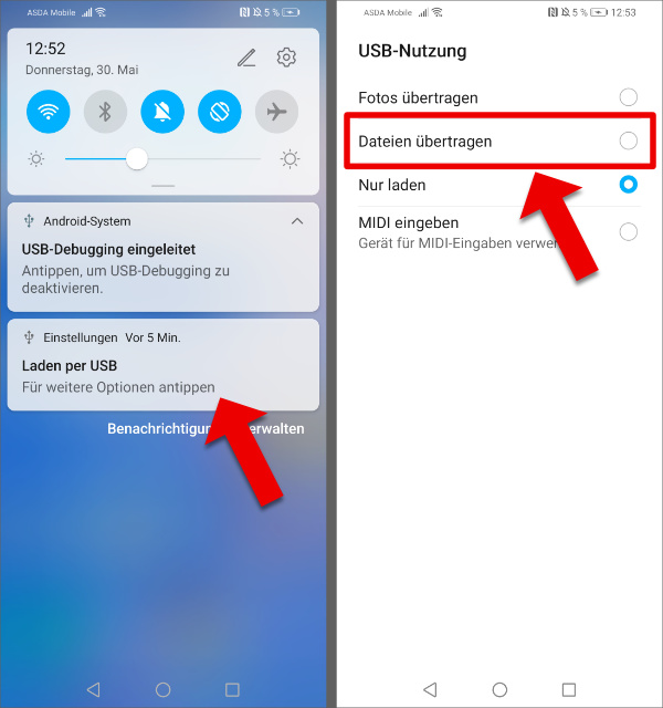 Set USB file transfer option