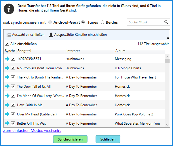 iTunes Dies öffnet die Ansicht für die erweiterte Synchronisation