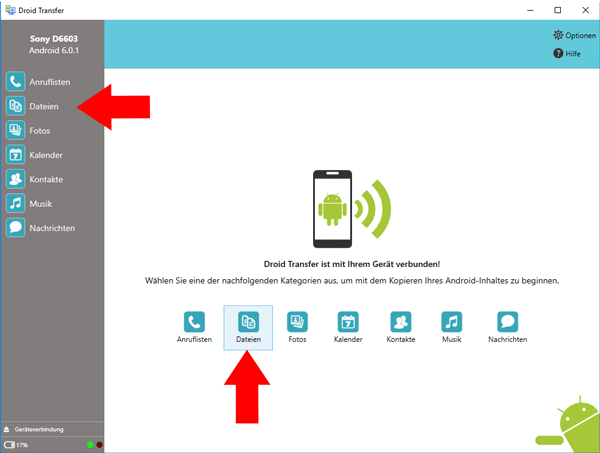 Droid Transfer die Dateien und Ordner auf Ihrem Android-Gerät anzeigt