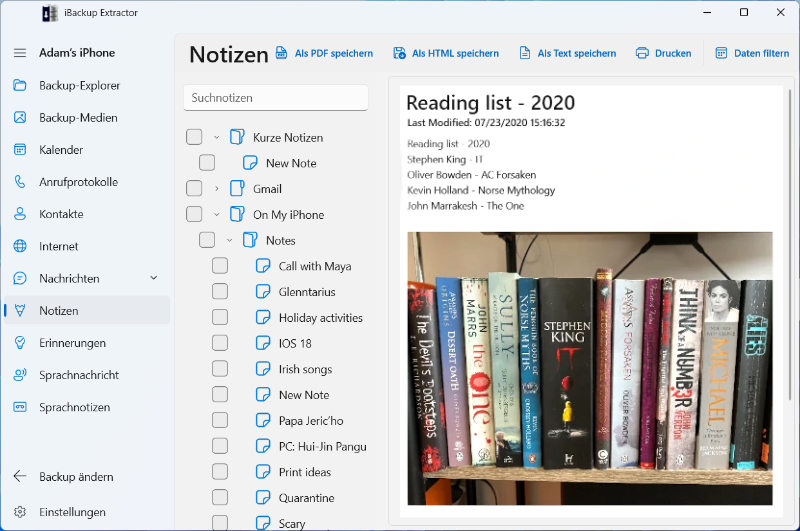 Speichern von Notizen aus einem iPhone-Backup auf Ihren Computer