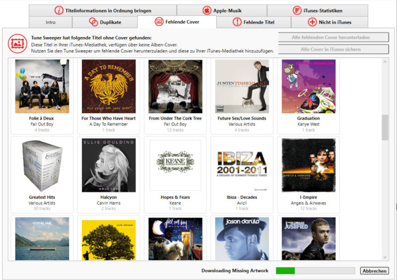 Tune Sweeper lädt Cover, die den Titeln in Ihrer Mediathek fehlen.