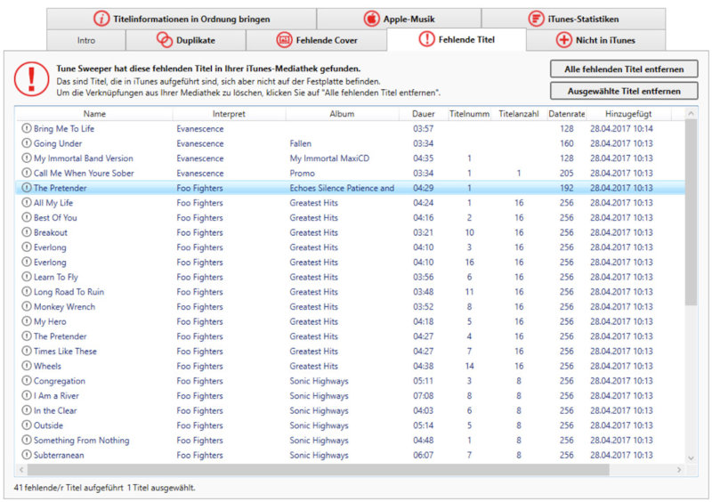 Tune Sweeper listet alle iTunes-Titel auf, die sich nicht mehr auf Ihrem Computer befinden.