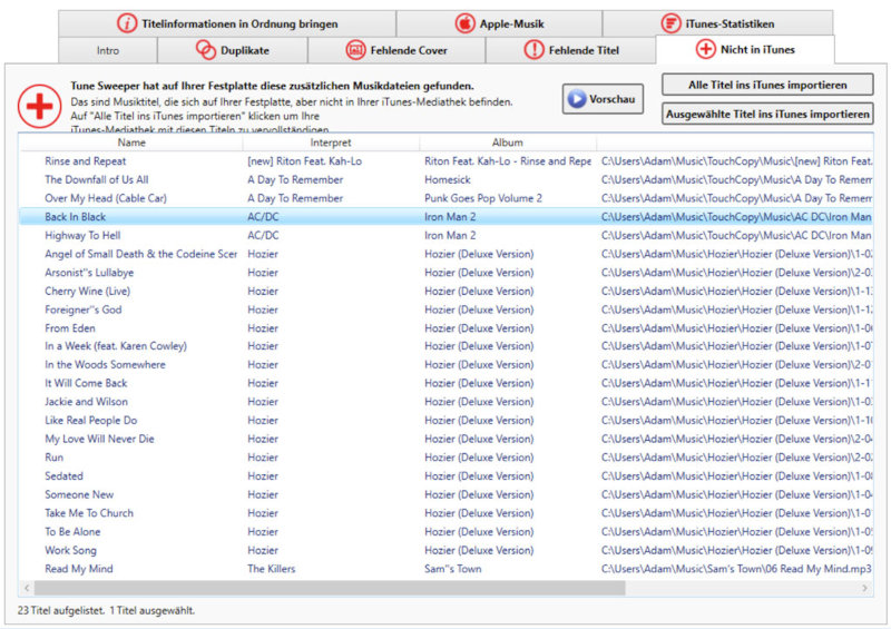 Tune Sweeper zeigt alle Titel an, die sich noch nicht in iTunes befinden.
