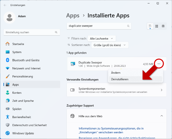 Duplicate Sweeper unter Windows 10 / 11 deinstallieren