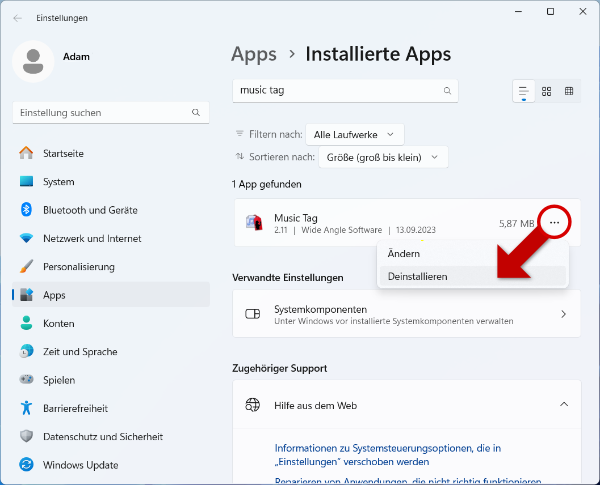 Music Tag unter Windows 10 / 11 deinstallieren