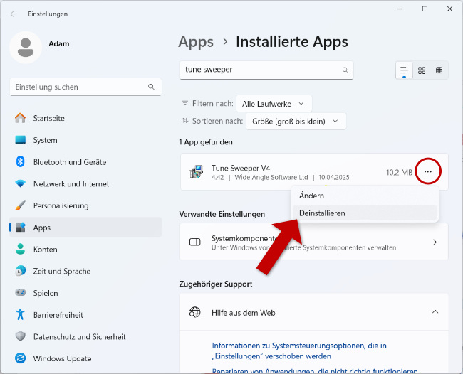 Deinstallieren Sie Tune Sweeper unter Windows 10/11