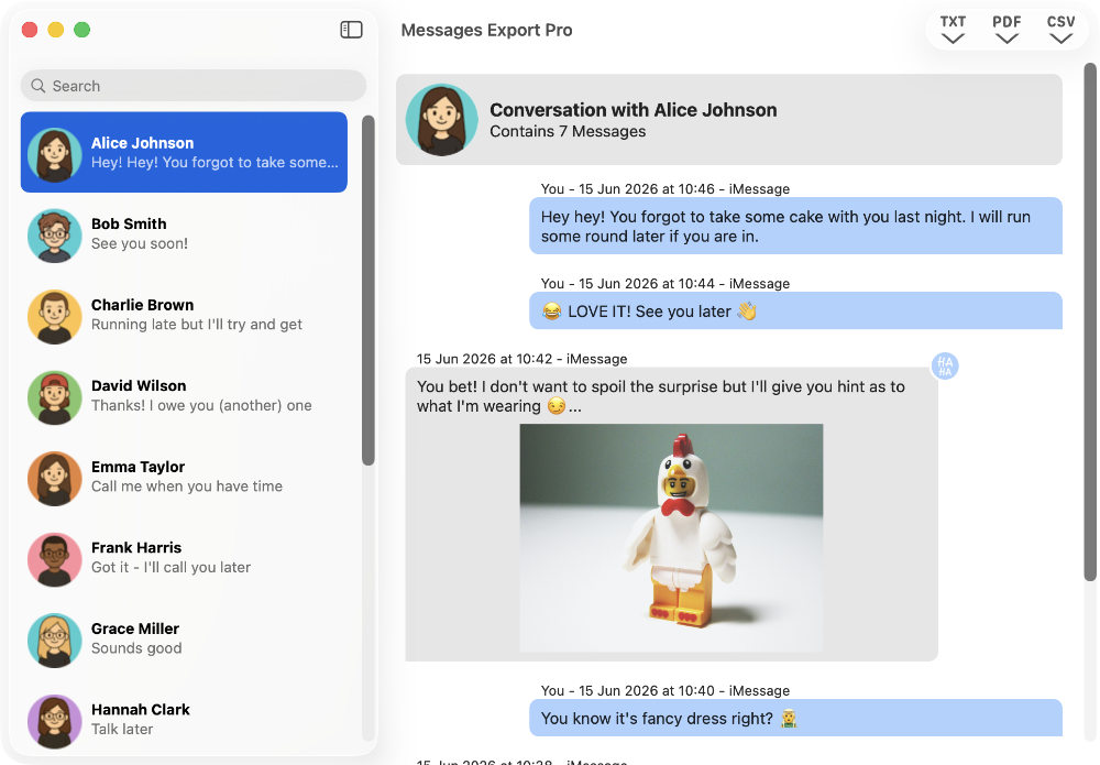 Benutzeroberfläche von Messages Export Pro