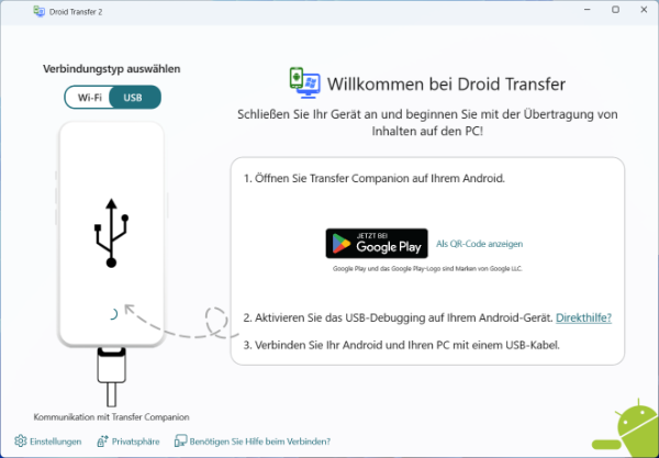 connect droid transfer and transfer companion with usb