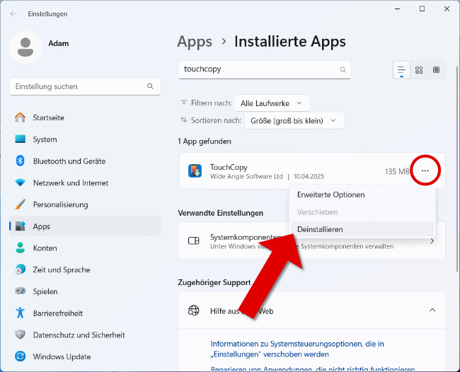 Deinstallieren Sie TouchCopy unter Windows 10/11