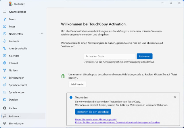 Eingeben des TouchCopy-Aktivierungscodes auf dem PC