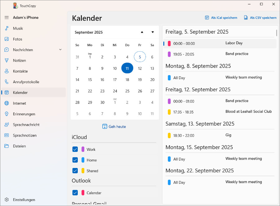 iPhone-Kalender mit TouchCopy auf den Computer kopieren