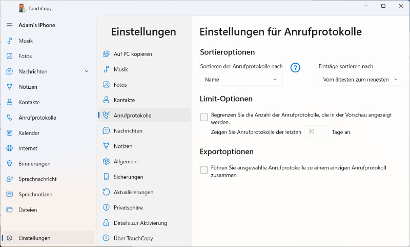 Anruflisten-Optionen in TouchCopy