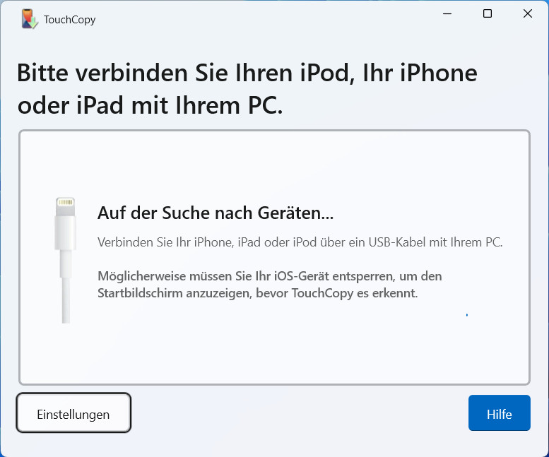 Verbinden eines iPhone mit TouchCopy