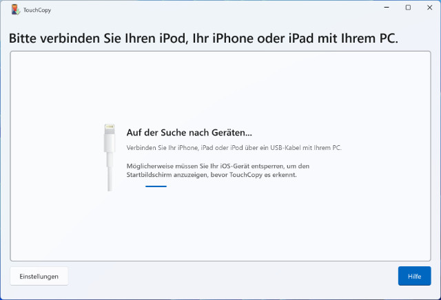 Verbinden des Geräts mit TouchCopy auf dem PC