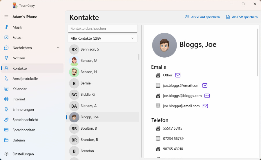 iPhone-Kontakte mit TouchCopy auf den Computer kopieren