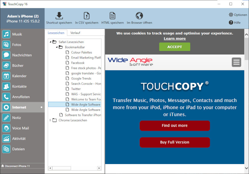 Eine Abbildung, die den Internetverlauf und Lesezeichen in TouchCopy zeigt