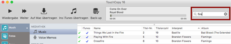iPod-Inhalte in TouchCopy suchen