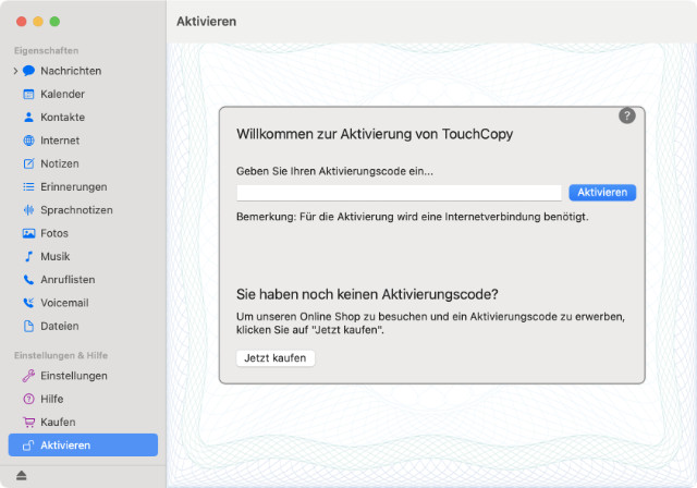 Eingeben des TouchCopy-Aktivierungscodes auf dem Mac