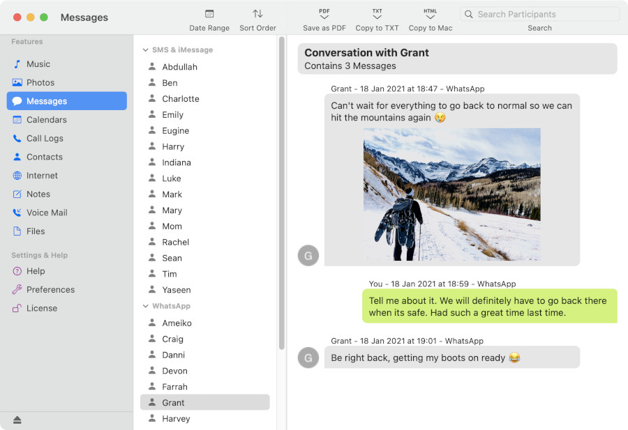 Anzeigen von iPhone WhatsApp-Chats mit TouchCopy auf Mac