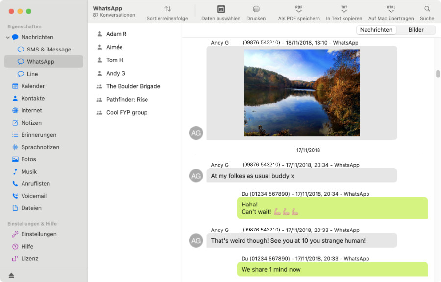 Anzeigen von iPhone WhatsApp-Chats mit TouchCopy auf Mac