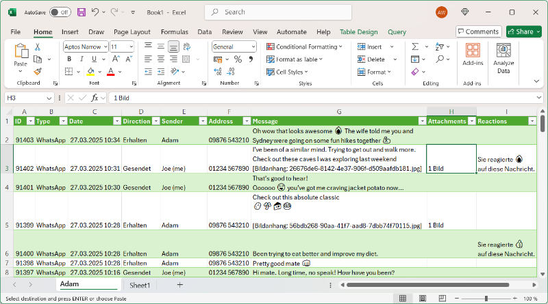 Beispiel: Als CSV exportierte Unterhaltung mit TouchCopy