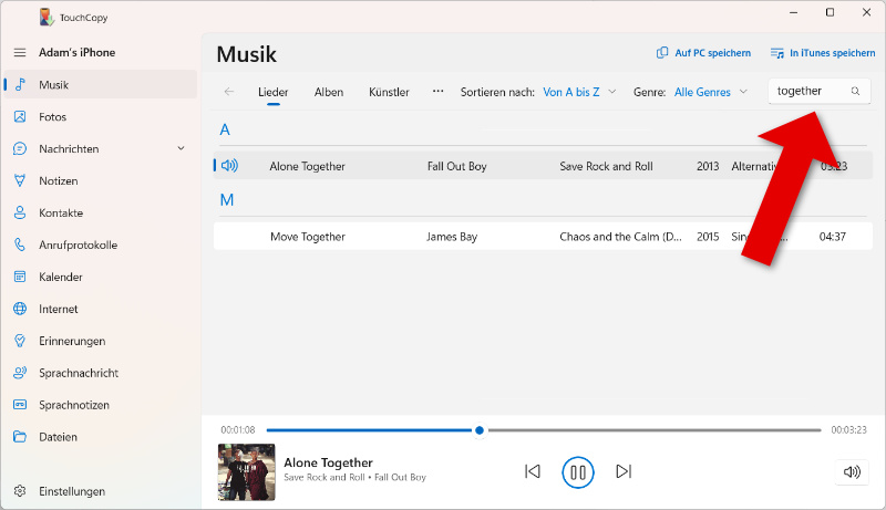Musiktitel in TouchCopy suchen