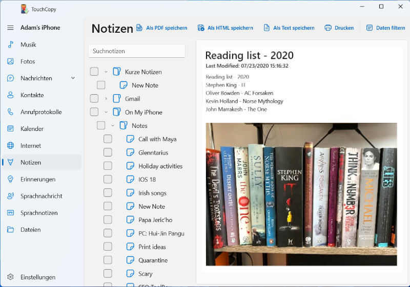 Übertragung von Notizen vom iPhone auf einen PC mit TouchCopy