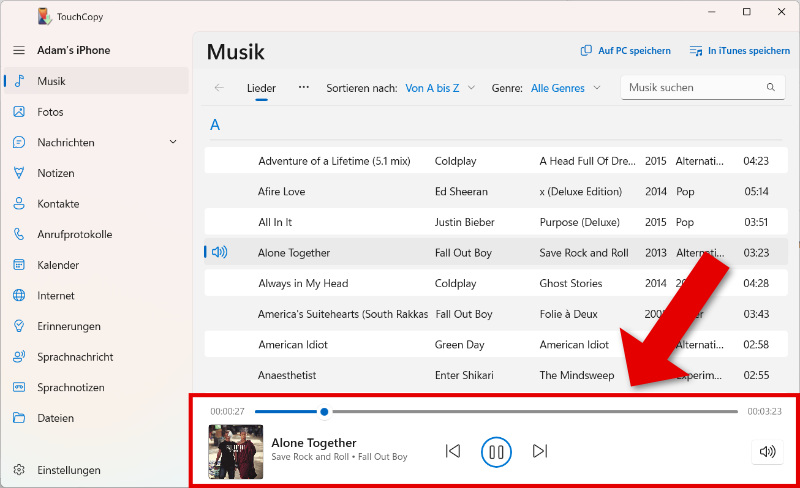 iPhone-Musik in TouchCopy abspielen
