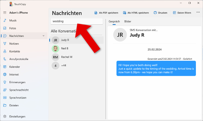 iPhone-Nachrichten mit TouchCopy durchsuchen